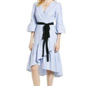 1901 ruffle hem faux wrap dress blue white pinstripe 14